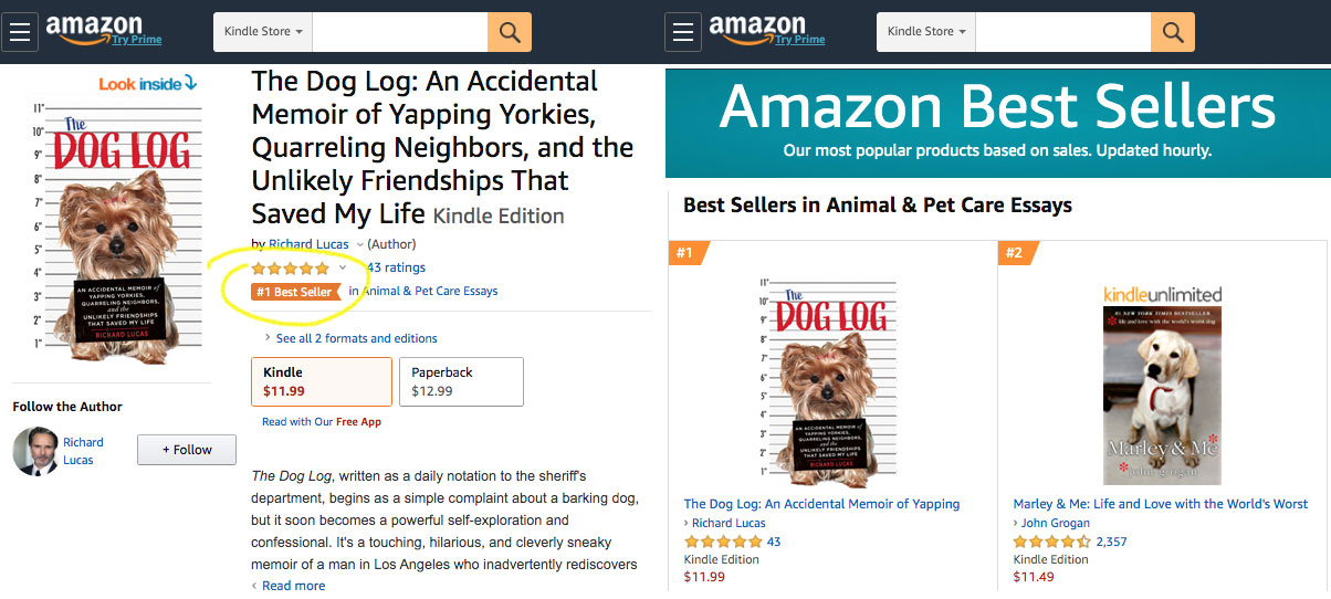 The Dog Log: An Accidental Memoir of Yapping Yorkies, Quarreling Neighbors, and the Unlikely Friendships that Saved My Life by Richard Lucas hits #1 Best Seller status in a category at Amazon