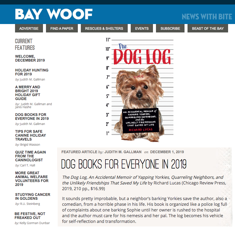 Richard Lucas' The Dog Log featured in Bay Woof Magazine's list of Dog Books for Everyone in 2019!